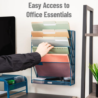 5-Pocket Vertical File Storage, Desktop Organizer, Wall Mount, Office, Metal Mesh, Black