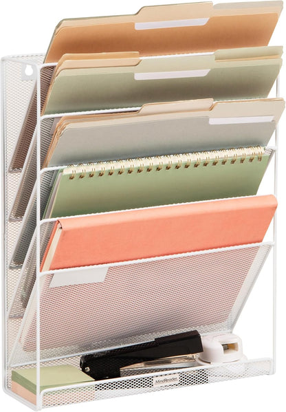 5-Pocket Vertical File Storage, Desktop Organizer, Wall Mount, Office, Metal Mesh, Black