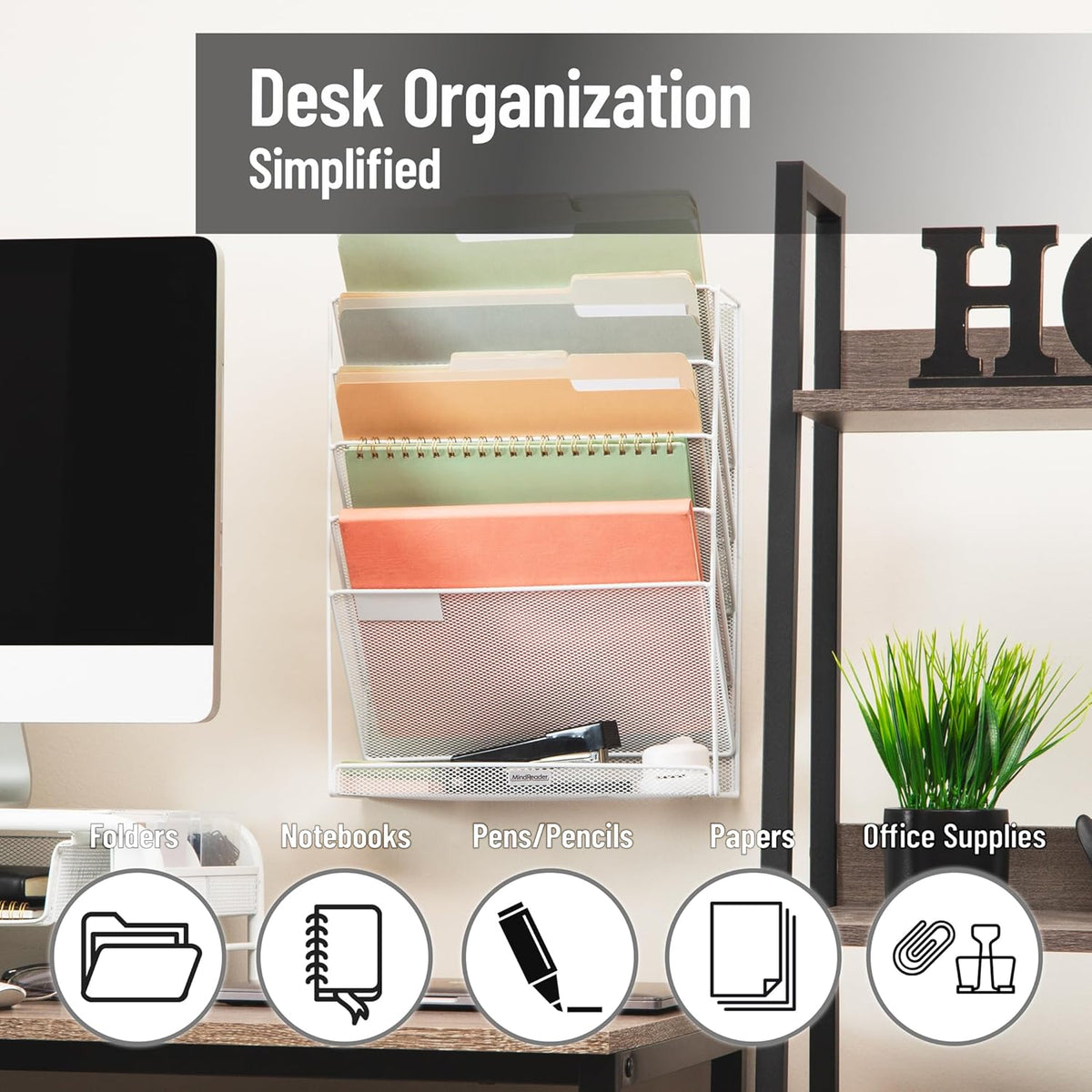 5-Pocket Vertical File Storage, Desktop Organizer, Wall Mount, Office, Metal Mesh, Black