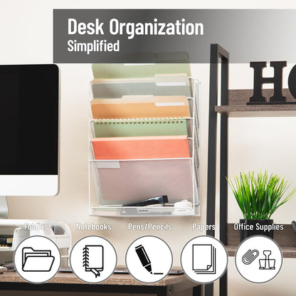 5-Pocket Vertical File Storage, Desktop Organizer, Wall Mount, Office, Metal Mesh, Black
