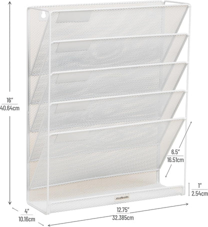 5-Pocket Vertical File Storage, Desktop Organizer, Wall Mount, Office, Metal Mesh, Black