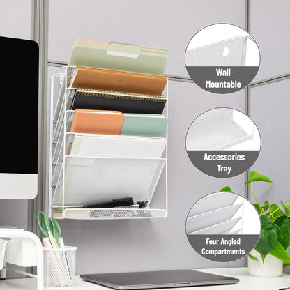 5-Pocket Vertical File Storage, Desktop Organizer, Wall Mount, Office, Metal Mesh, Black