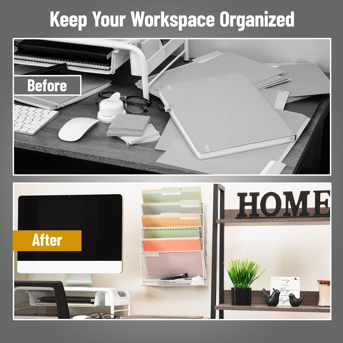 5-Pocket Vertical File Storage, Desktop Organizer, Wall Mount, Office, Metal Mesh, Black