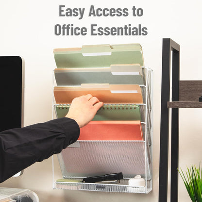 5-Pocket Vertical File Storage, Desktop Organizer, Wall Mount, Office, Metal Mesh, Black
