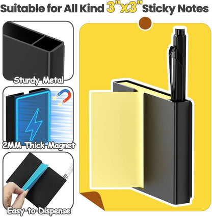 Sticky Note Dispenser, Magnetic Sticky Note Holder for Sticky Notes, 3 x 3 Inch Sticky Note Pen Organizer for Office Home Classroom, Black
