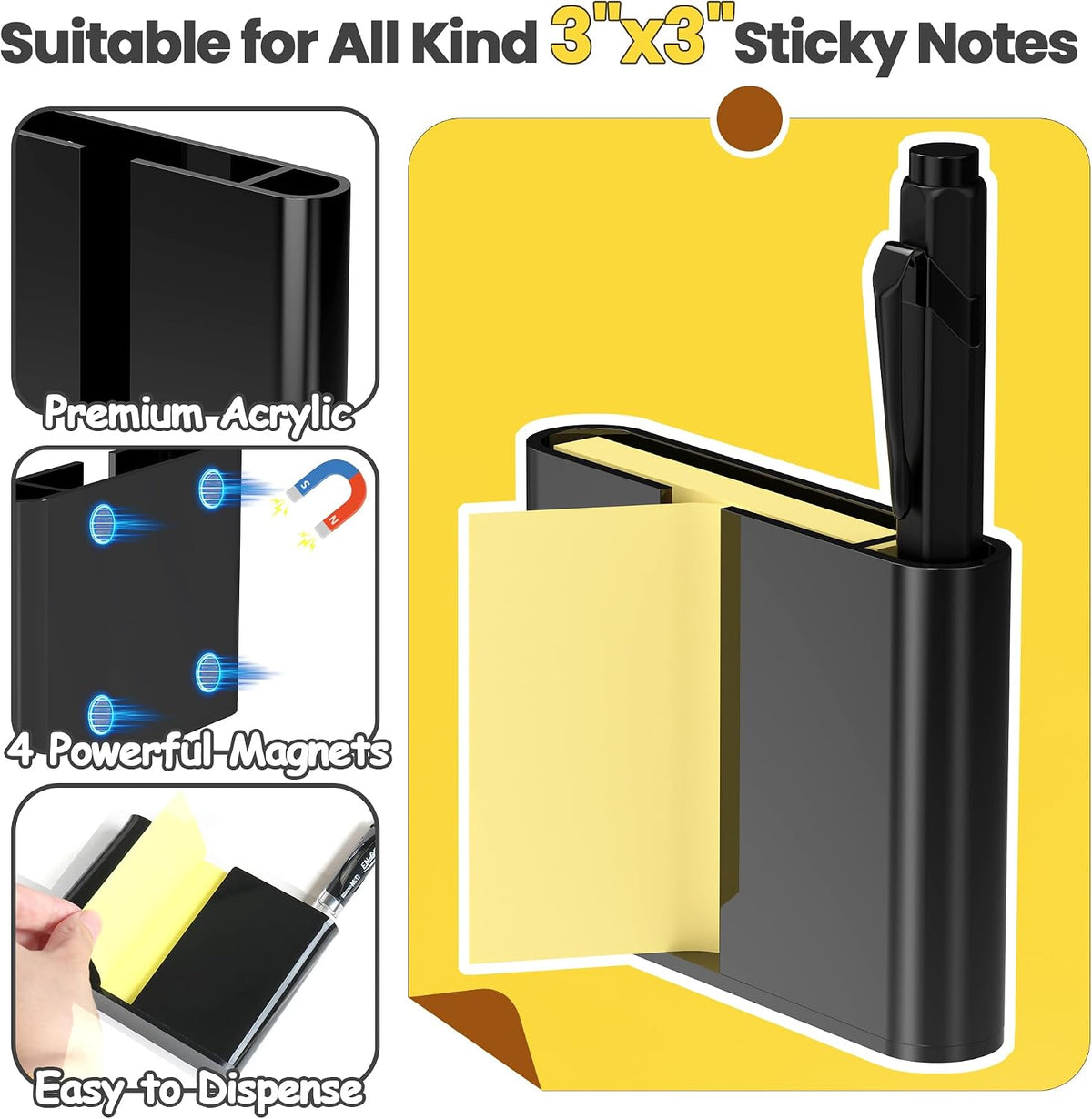 Sticky Note Dispenser, Magnetic Sticky Note Holder for Sticky Notes, 3 x 3 Inch Sticky Note Pen Organizer for Office Home Classroom, Black