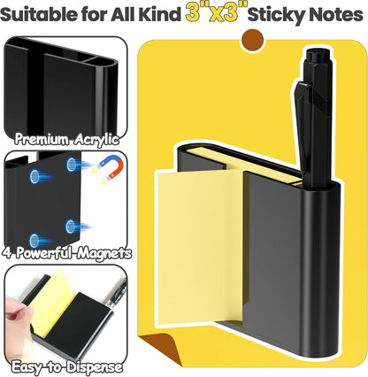 Sticky Note Dispenser, Magnetic Sticky Note Holder for Sticky Notes, 3 x 3 Inch Sticky Note Pen Organizer for Office Home Classroom, Black