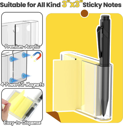Sticky Note Dispenser, Magnetic Sticky Note Holder for Sticky Notes, 3 x 3 Inch Sticky Note Pen Organizer for Office Home Classroom, Black