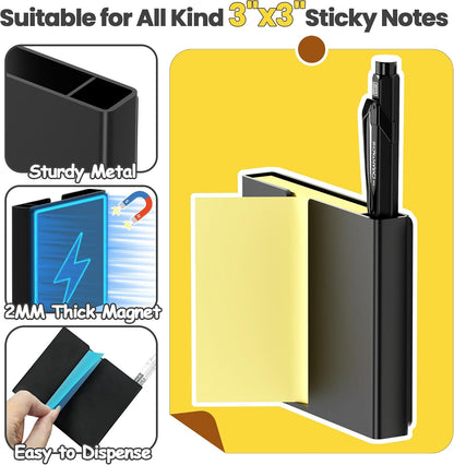 Sticky Note Dispenser, Magnetic Sticky Note Holder for Sticky Notes, 3 x 3 Inch Sticky Note Pen Organizer for Office Home Classroom, Black