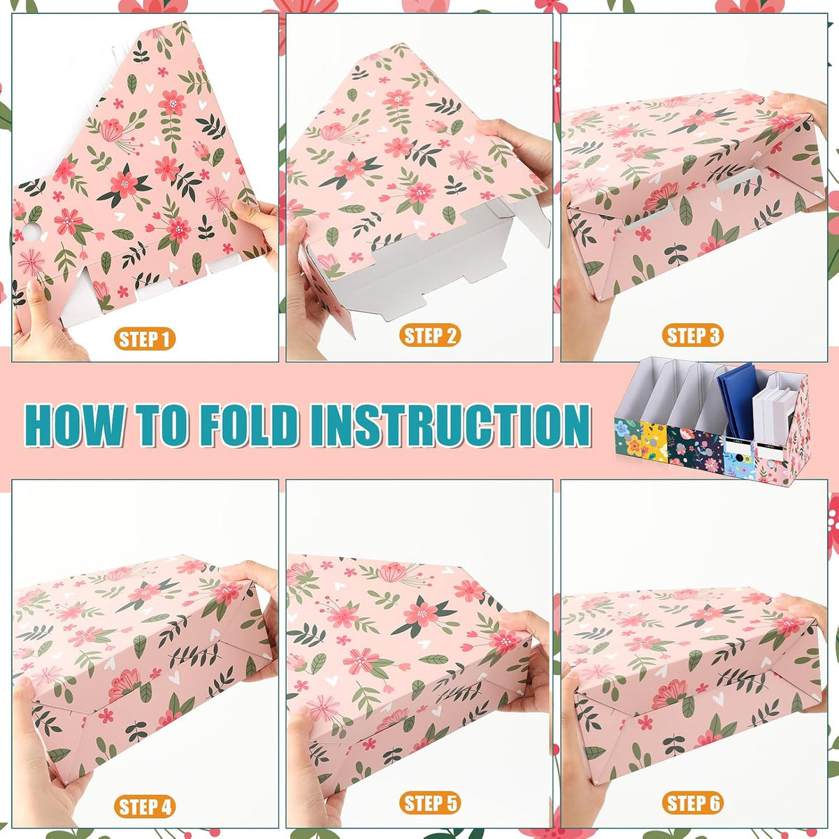 6 Pcs Decorative Magazine File Holders Foldable, Floral