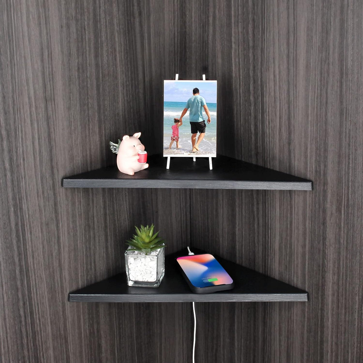 Corner Mounting Shelf Set of 2 – Easy to Install Floating Wall Shelves with Wood Grain Finish, Durable and Waterproof ABS Plastic for Kitchen, Bathroom, Living Room Home Décor