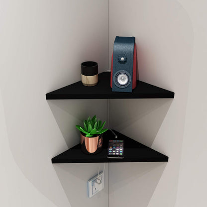 Corner Mounting Shelf Set of 2 – Easy to Install Floating Wall Shelves with Wood Grain Finish, Durable and Waterproof ABS Plastic for Kitchen, Bathroom, Living Room Home Décor