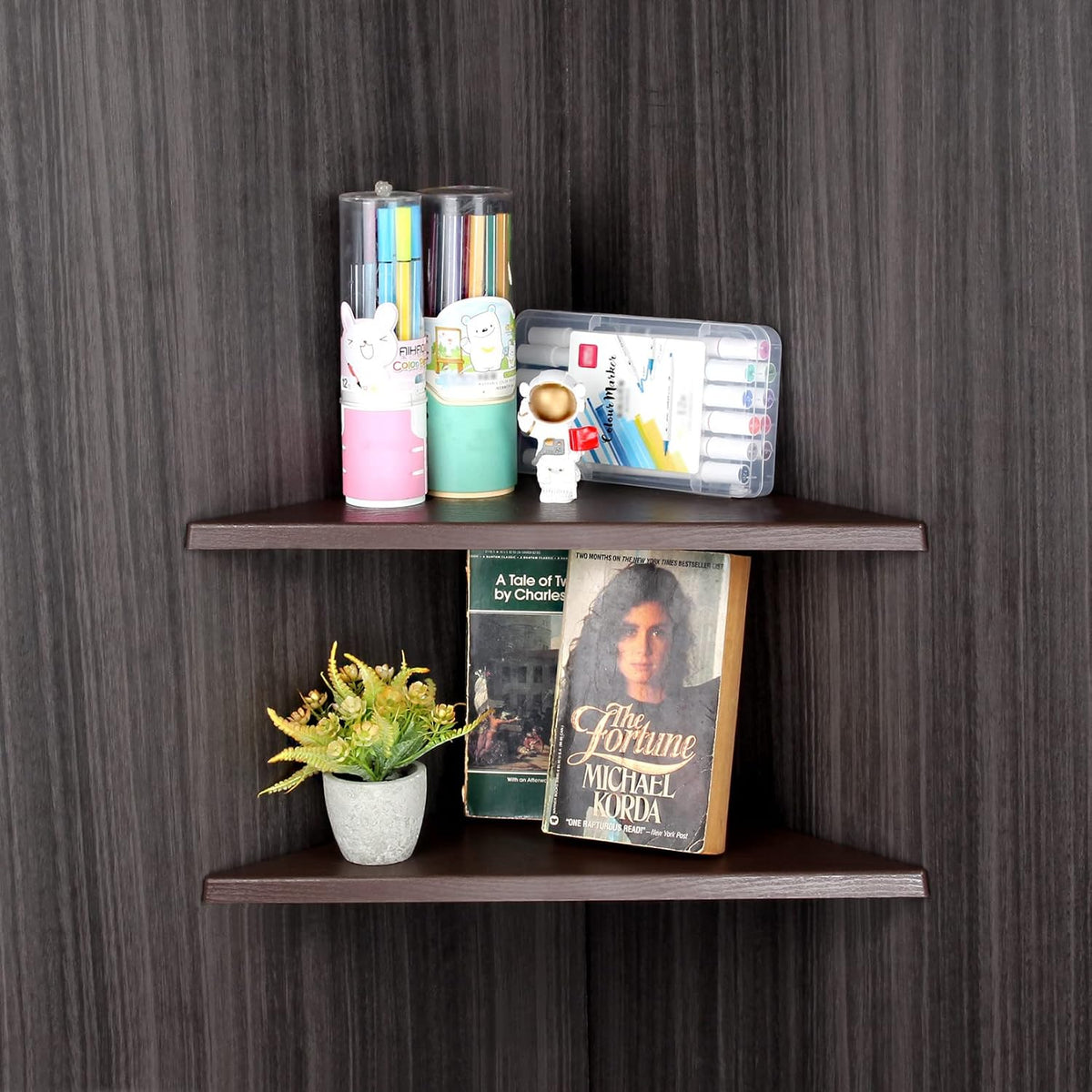 Corner Mounting Shelf Set of 2 – Easy to Install Floating Wall Shelves with Wood Grain Finish, Durable and Waterproof ABS Plastic for Kitchen, Bathroom, Living Room Home Décor