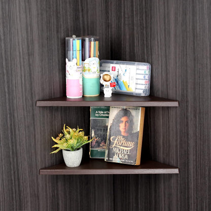 Corner Mounting Shelf Set of 2 – Easy to Install Floating Wall Shelves with Wood Grain Finish, Durable and Waterproof ABS Plastic for Kitchen, Bathroom, Living Room Home Décor