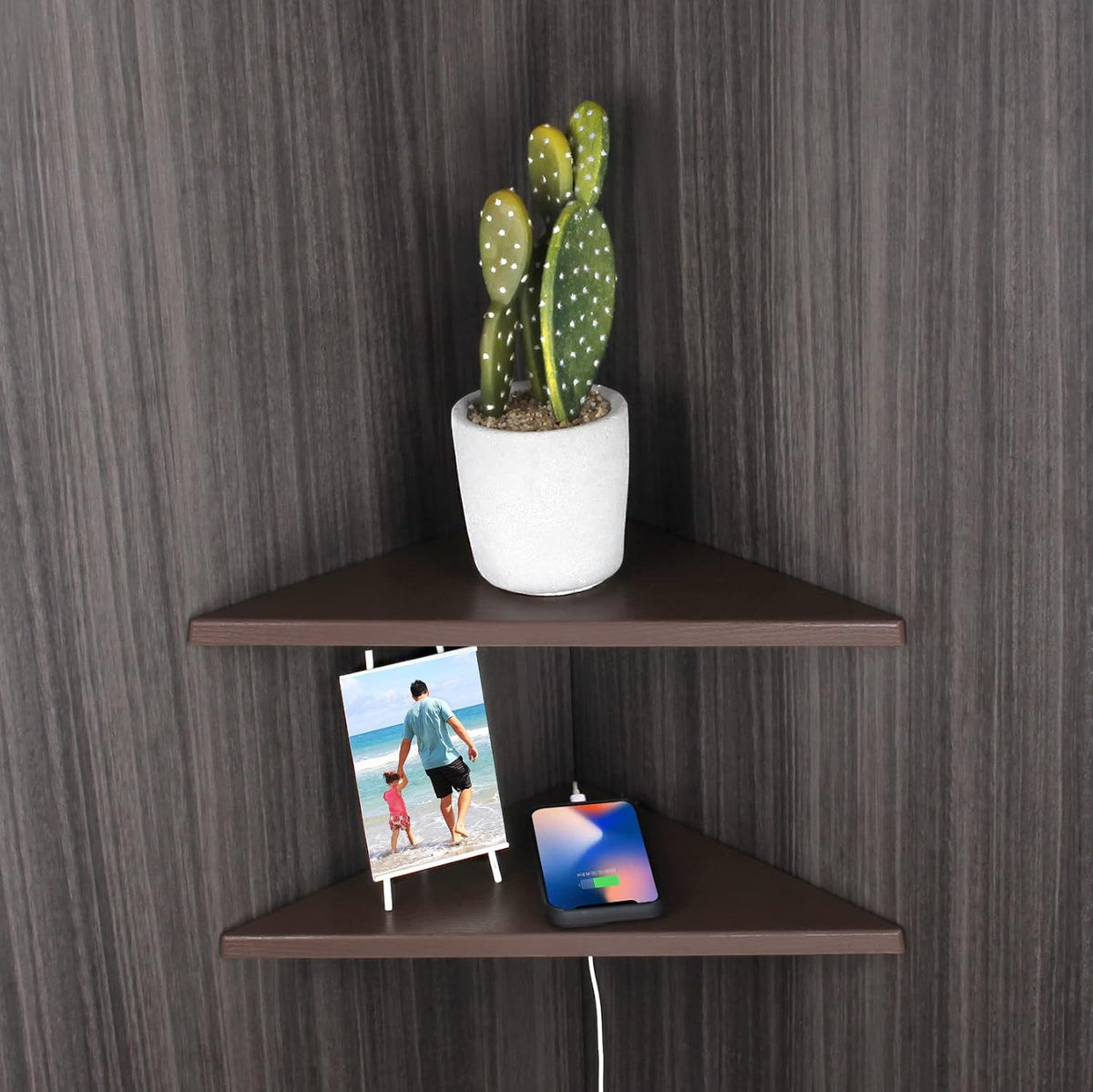 Corner Mounting Shelf Set of 2 – Easy to Install Floating Wall Shelves with Wood Grain Finish, Durable and Waterproof ABS Plastic for Kitchen, Bathroom, Living Room Home Décor
