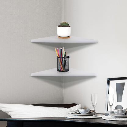 Corner Mounting Shelf Set of 2 – Easy to Install Floating Wall Shelves with Wood Grain Finish, Durable and Waterproof ABS Plastic for Kitchen, Bathroom, Living Room Home Décor