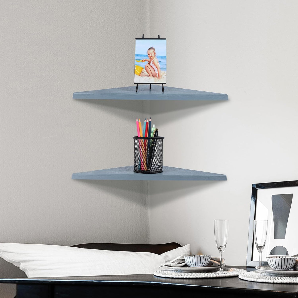 Corner Mounting Shelf Set of 2 – Easy to Install Floating Wall Shelves with Wood Grain Finish, Durable and Waterproof ABS Plastic for Kitchen, Bathroom, Living Room Home Décor