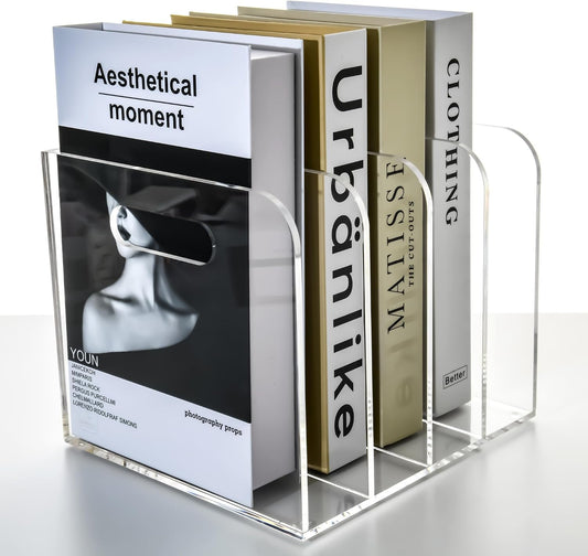 Acrylic File Holder for Desk - 4 Slot Vertical Magazine Organizer & Bookend - Clear Document Sorter Rack for Folders, Binders, Notebooks & Reports - Non-Slip Office Desktop Storage Sorter