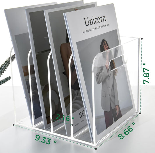 Acrylic File Holder for Desk - 4 Slot Vertical Magazine Organizer & Bookend - Clear Document Sorter Rack for Folders, Binders, Notebooks & Reports - Non-Slip Office Desktop Storage Sorter