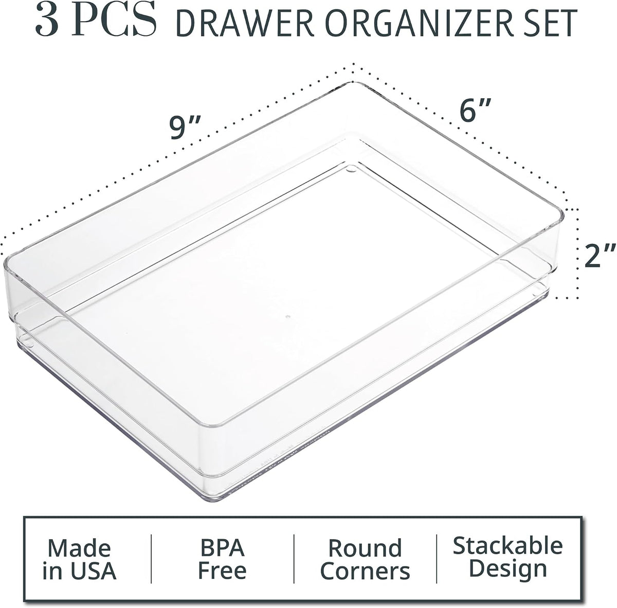 SimpleSort 3-Piece Stackable Clear Drawer Organizer Set | 9" x 6" x 2" Rectangle Trays | Wide Makeup Vanity Storage Bins and Office Desk Drawer Dividers | Made in USA