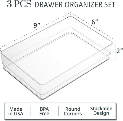 SimpleSort 3-Piece Stackable Clear Drawer Organizer Set | 9" x 6" x 2" Rectangle Trays | Wide Makeup Vanity Storage Bins and Office Desk Drawer Dividers | Made in USA