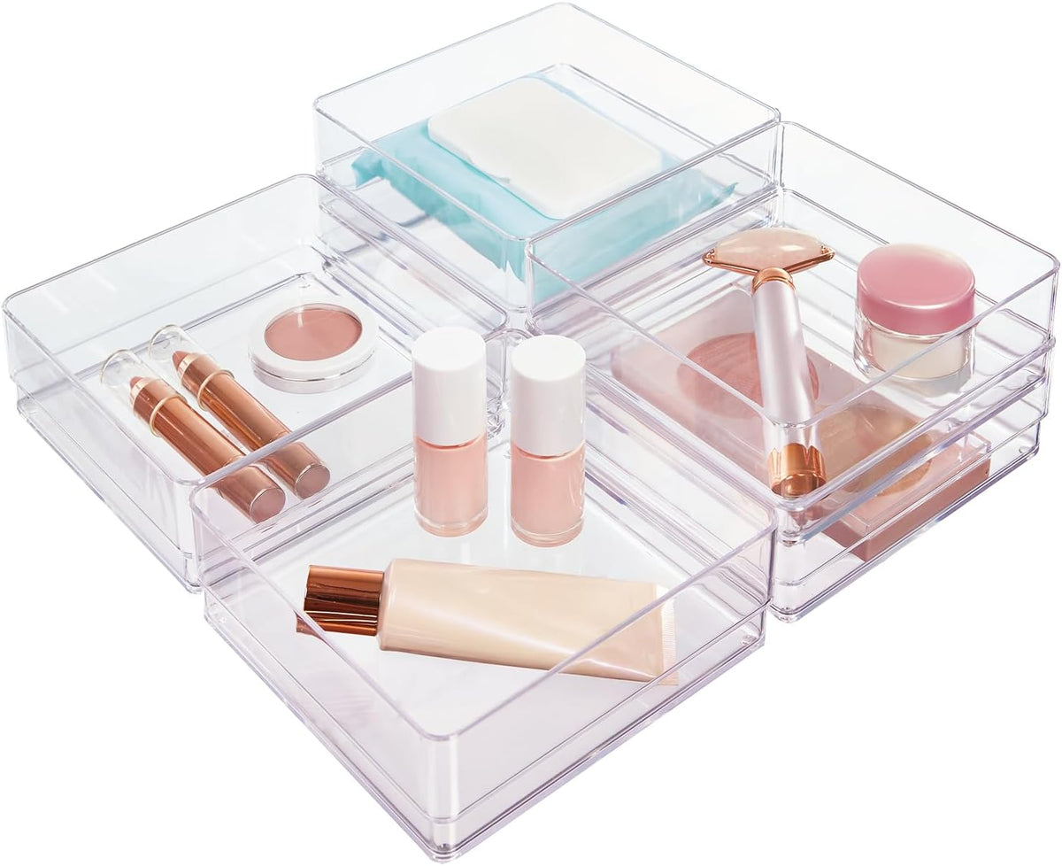 SimpleSort 3-Piece Stackable Clear Drawer Organizer Set | 9" x 6" x 2" Rectangle Trays | Wide Makeup Vanity Storage Bins and Office Desk Drawer Dividers | Made in USA