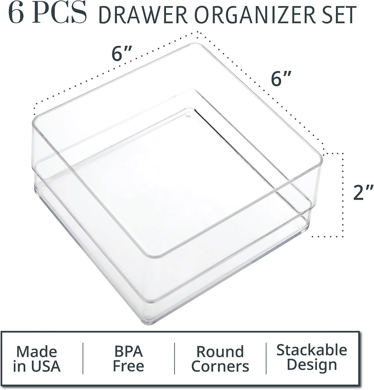 SimpleSort 3-Piece Stackable Clear Drawer Organizer Set | 9" x 6" x 2" Rectangle Trays | Wide Makeup Vanity Storage Bins and Office Desk Drawer Dividers | Made in USA