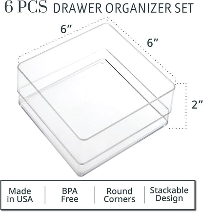 SimpleSort 3-Piece Stackable Clear Drawer Organizer Set | 9" x 6" x 2" Rectangle Trays | Wide Makeup Vanity Storage Bins and Office Desk Drawer Dividers | Made in USA