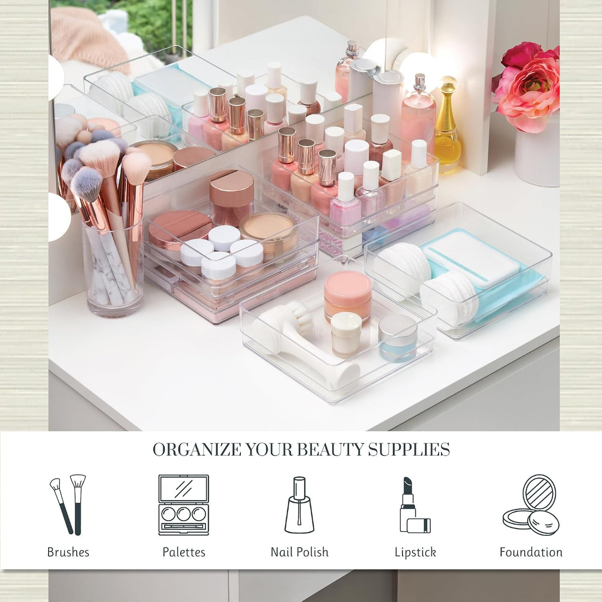 SimpleSort 3-Piece Stackable Clear Drawer Organizer Set | 9" x 6" x 2" Rectangle Trays | Wide Makeup Vanity Storage Bins and Office Desk Drawer Dividers | Made in USA