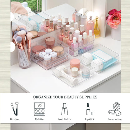 SimpleSort 3-Piece Stackable Clear Drawer Organizer Set | 9" x 6" x 2" Rectangle Trays | Wide Makeup Vanity Storage Bins and Office Desk Drawer Dividers | Made in USA