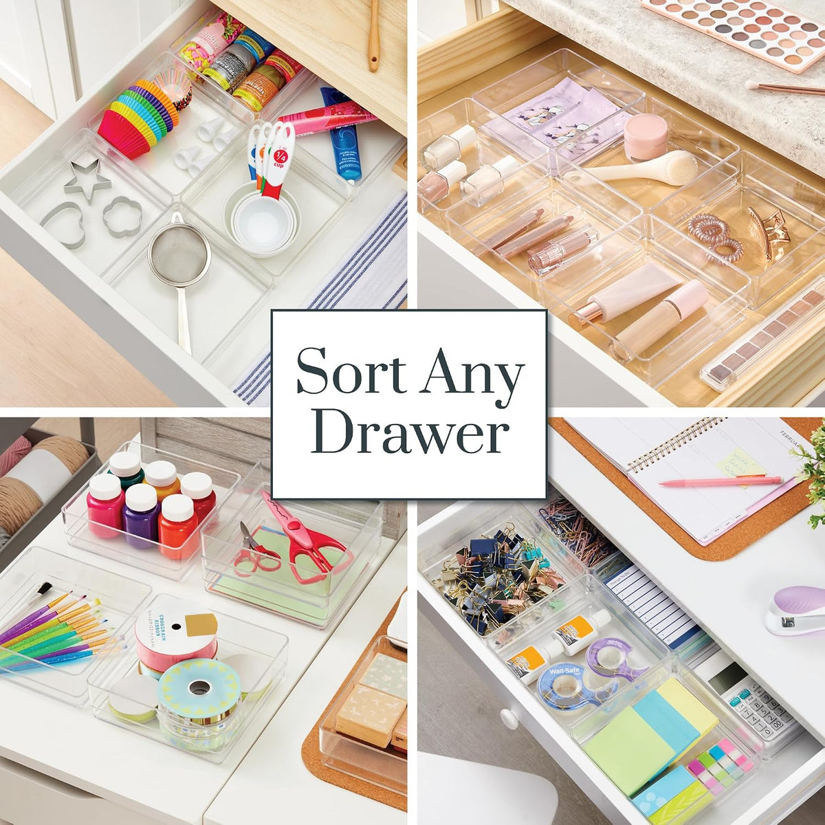 SimpleSort 3-Piece Stackable Clear Drawer Organizer Set | 9" x 6" x 2" Rectangle Trays | Wide Makeup Vanity Storage Bins and Office Desk Drawer Dividers | Made in USA