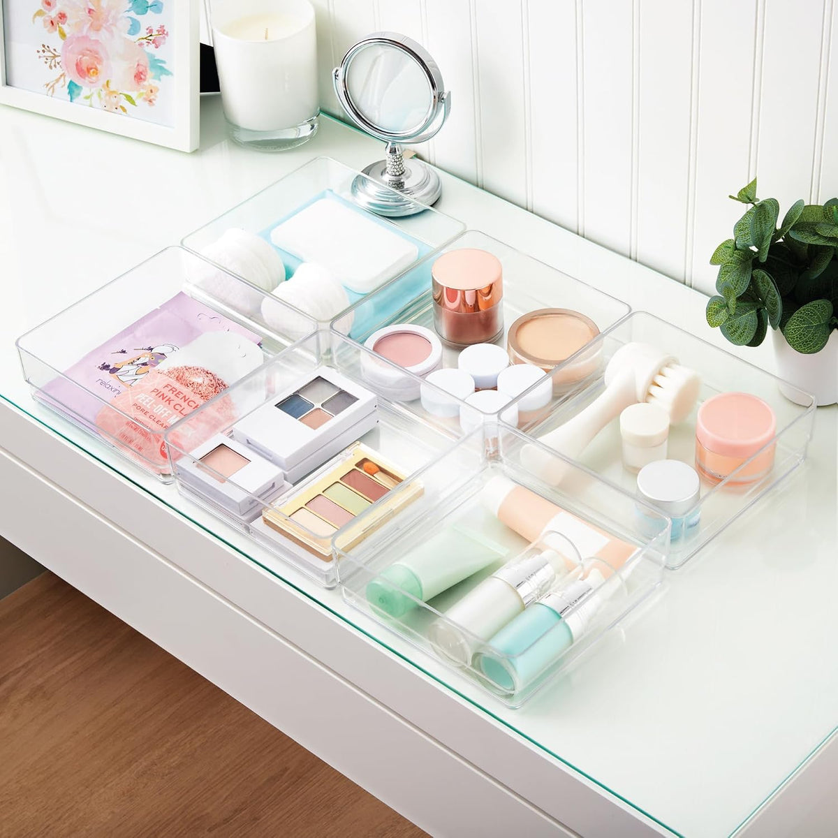 SimpleSort 3-Piece Stackable Clear Drawer Organizer Set | 9" x 6" x 2" Rectangle Trays | Wide Makeup Vanity Storage Bins and Office Desk Drawer Dividers | Made in USA