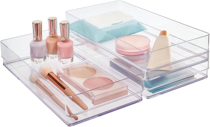 SimpleSort 3-Piece Stackable Clear Drawer Organizer Set | 9" x 6" x 2" Rectangle Trays | Wide Makeup Vanity Storage Bins and Office Desk Drawer Dividers | Made in USA