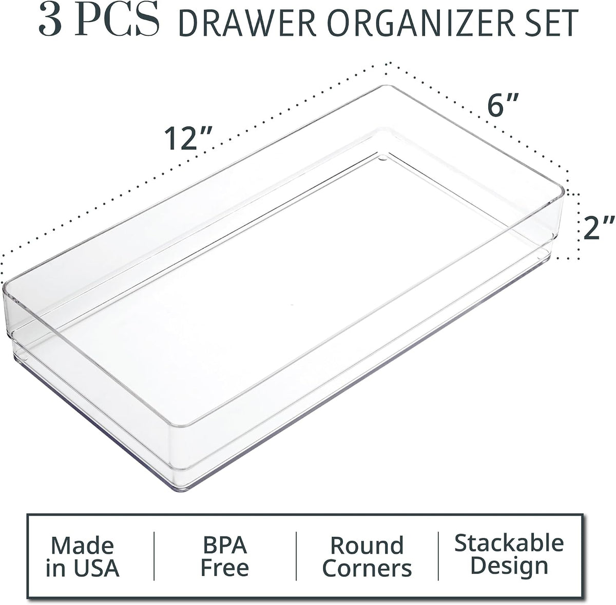 SimpleSort 3-Piece Stackable Clear Drawer Organizer Set | 9" x 6" x 2" Rectangle Trays | Wide Makeup Vanity Storage Bins and Office Desk Drawer Dividers | Made in USA