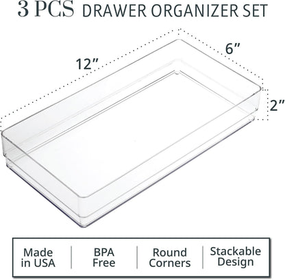 SimpleSort 3-Piece Stackable Clear Drawer Organizer Set | 9" x 6" x 2" Rectangle Trays | Wide Makeup Vanity Storage Bins and Office Desk Drawer Dividers | Made in USA