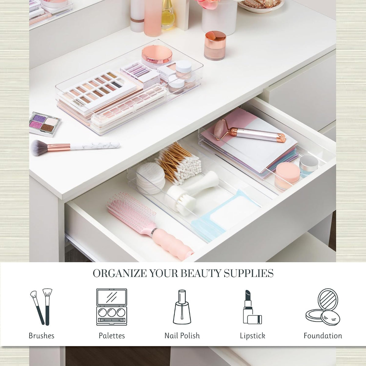 SimpleSort 3-Piece Stackable Clear Drawer Organizer Set | 9" x 6" x 2" Rectangle Trays | Wide Makeup Vanity Storage Bins and Office Desk Drawer Dividers | Made in USA