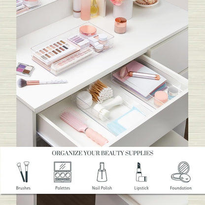 SimpleSort 3-Piece Stackable Clear Drawer Organizer Set | 9" x 6" x 2" Rectangle Trays | Wide Makeup Vanity Storage Bins and Office Desk Drawer Dividers | Made in USA