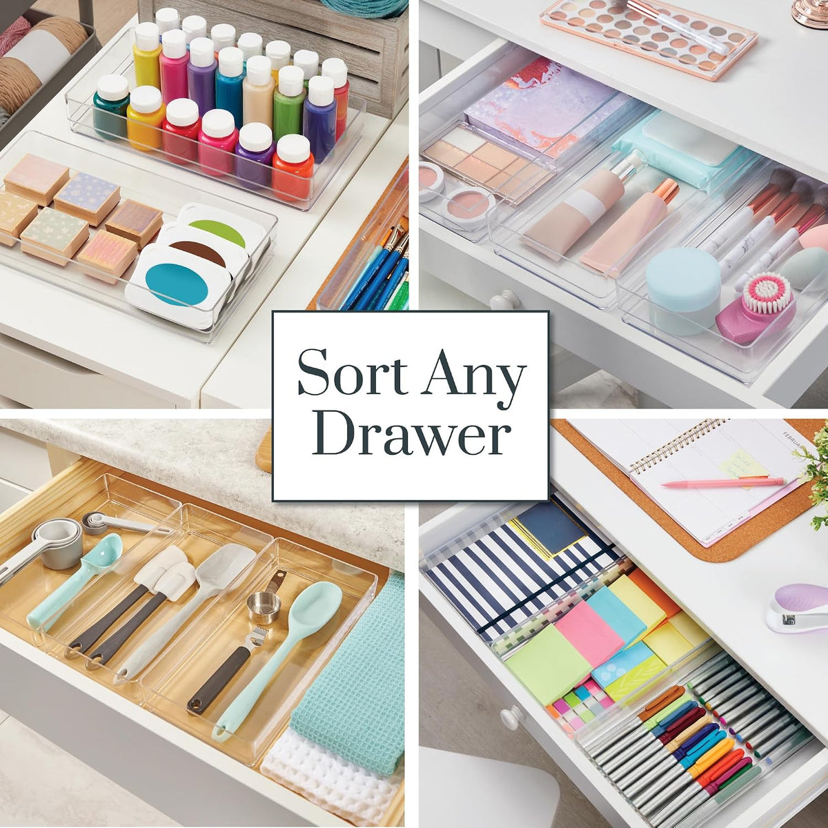 SimpleSort 3-Piece Stackable Clear Drawer Organizer Set | 9" x 6" x 2" Rectangle Trays | Wide Makeup Vanity Storage Bins and Office Desk Drawer Dividers | Made in USA