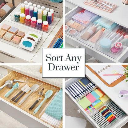SimpleSort 3-Piece Stackable Clear Drawer Organizer Set | 9" x 6" x 2" Rectangle Trays | Wide Makeup Vanity Storage Bins and Office Desk Drawer Dividers | Made in USA