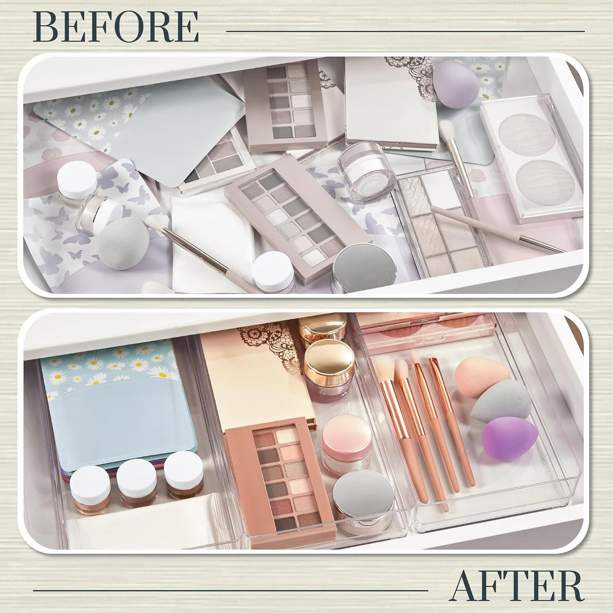 SimpleSort 3-Piece Stackable Clear Drawer Organizer Set | 9" x 6" x 2" Rectangle Trays | Wide Makeup Vanity Storage Bins and Office Desk Drawer Dividers | Made in USA