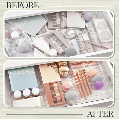 SimpleSort 3-Piece Stackable Clear Drawer Organizer Set | 9" x 6" x 2" Rectangle Trays | Wide Makeup Vanity Storage Bins and Office Desk Drawer Dividers | Made in USA