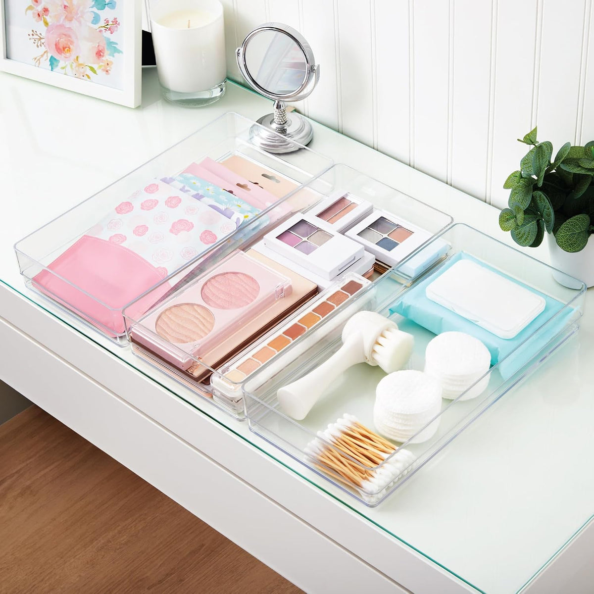 SimpleSort 3-Piece Stackable Clear Drawer Organizer Set | 9" x 6" x 2" Rectangle Trays | Wide Makeup Vanity Storage Bins and Office Desk Drawer Dividers | Made in USA