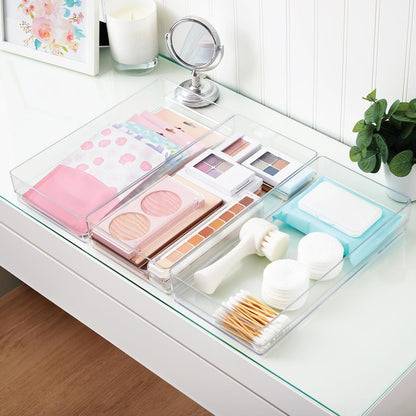 SimpleSort 3-Piece Stackable Clear Drawer Organizer Set | 9" x 6" x 2" Rectangle Trays | Wide Makeup Vanity Storage Bins and Office Desk Drawer Dividers | Made in USA