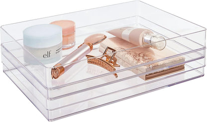 SimpleSort 3-Piece Stackable Clear Drawer Organizer Set | 9" x 6" x 2" Rectangle Trays | Wide Makeup Vanity Storage Bins and Office Desk Drawer Dividers | Made in USA