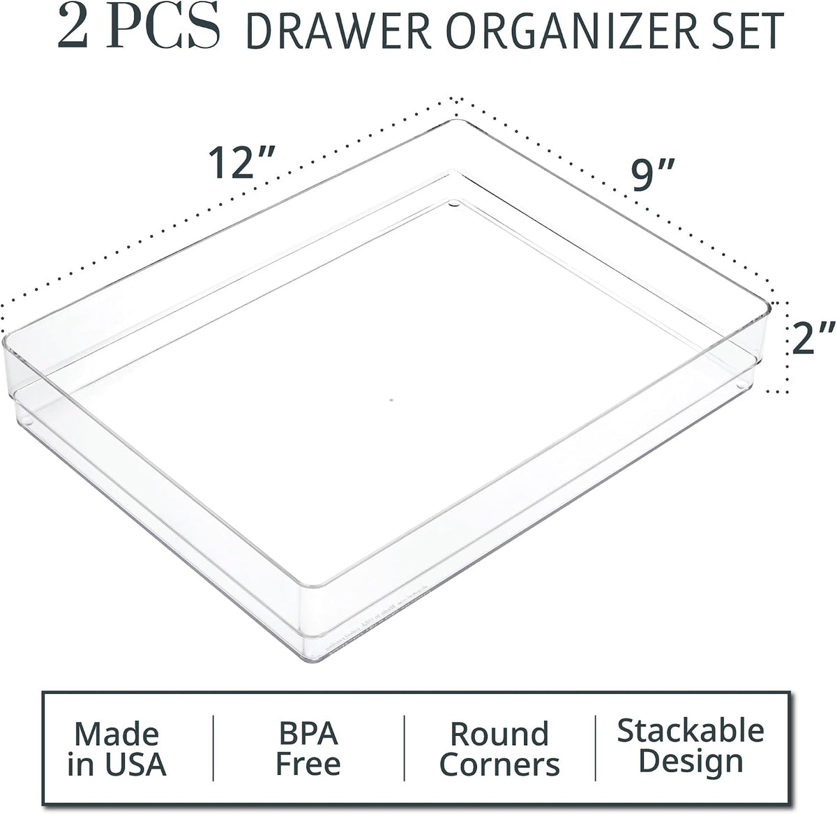 SimpleSort 3-Piece Stackable Clear Drawer Organizer Set | 9" x 6" x 2" Rectangle Trays | Wide Makeup Vanity Storage Bins and Office Desk Drawer Dividers | Made in USA
