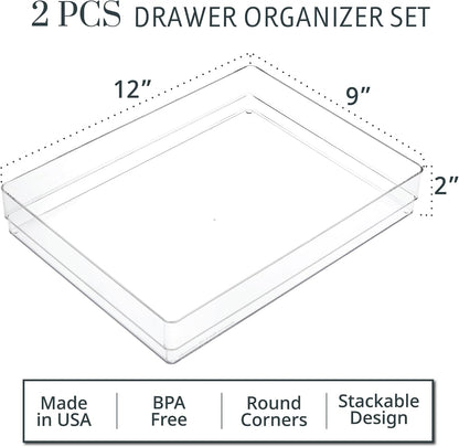 SimpleSort 3-Piece Stackable Clear Drawer Organizer Set | 9" x 6" x 2" Rectangle Trays | Wide Makeup Vanity Storage Bins and Office Desk Drawer Dividers | Made in USA