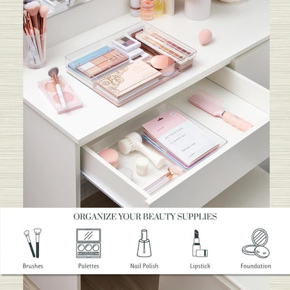 SimpleSort 3-Piece Stackable Clear Drawer Organizer Set | 9" x 6" x 2" Rectangle Trays | Wide Makeup Vanity Storage Bins and Office Desk Drawer Dividers | Made in USA