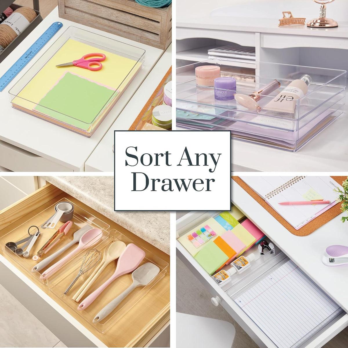 SimpleSort 3-Piece Stackable Clear Drawer Organizer Set | 9" x 6" x 2" Rectangle Trays | Wide Makeup Vanity Storage Bins and Office Desk Drawer Dividers | Made in USA