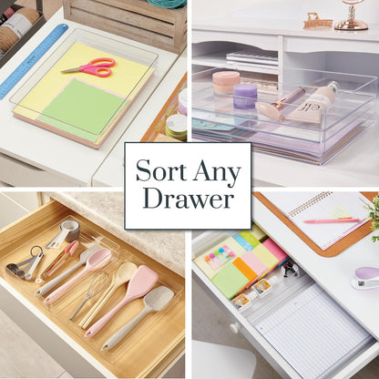 SimpleSort 3-Piece Stackable Clear Drawer Organizer Set | 9" x 6" x 2" Rectangle Trays | Wide Makeup Vanity Storage Bins and Office Desk Drawer Dividers | Made in USA