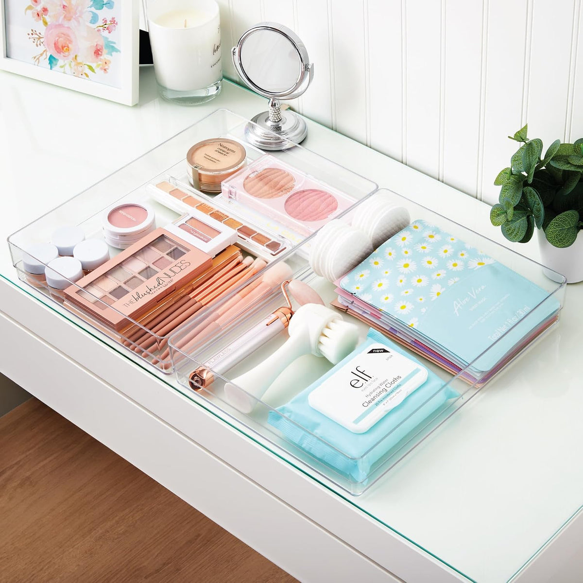 SimpleSort 3-Piece Stackable Clear Drawer Organizer Set | 9" x 6" x 2" Rectangle Trays | Wide Makeup Vanity Storage Bins and Office Desk Drawer Dividers | Made in USA